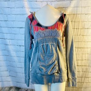 Free People Grey Pull Over Hoodie with Patch Work Front and Back Detailing. Sz-M